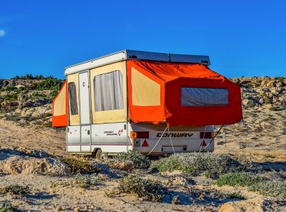 Pop-up camper in desert setting